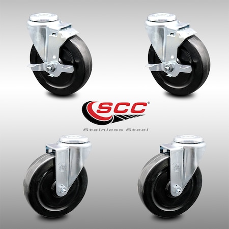 Service Caster 5 Inch SS Hard Rubber Wheel Swivel Bolt Hole Caster Set with 2 Brakes SCC SCC-SSBH20S514-HRS-2-TLB-2